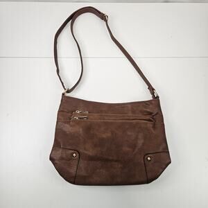 Brown Faux-Leather Crossbody Handbag Two Front Zip Pockets Shoulder Bag Purse
